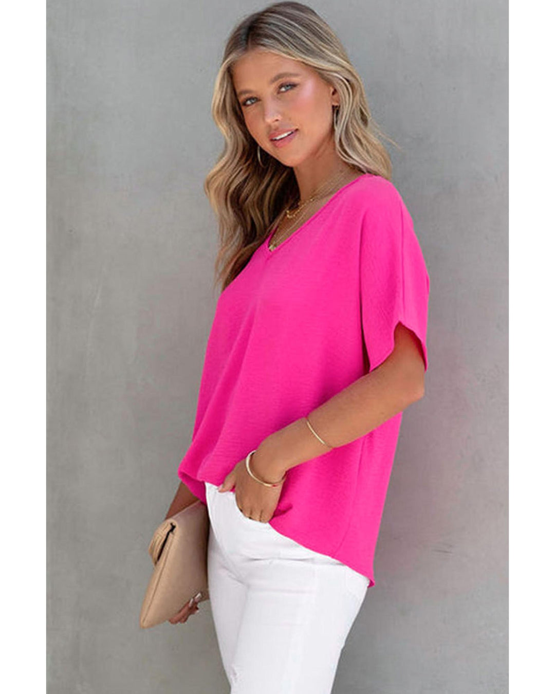 Azura Exchange V Neck Short Sleeve Blouse - L