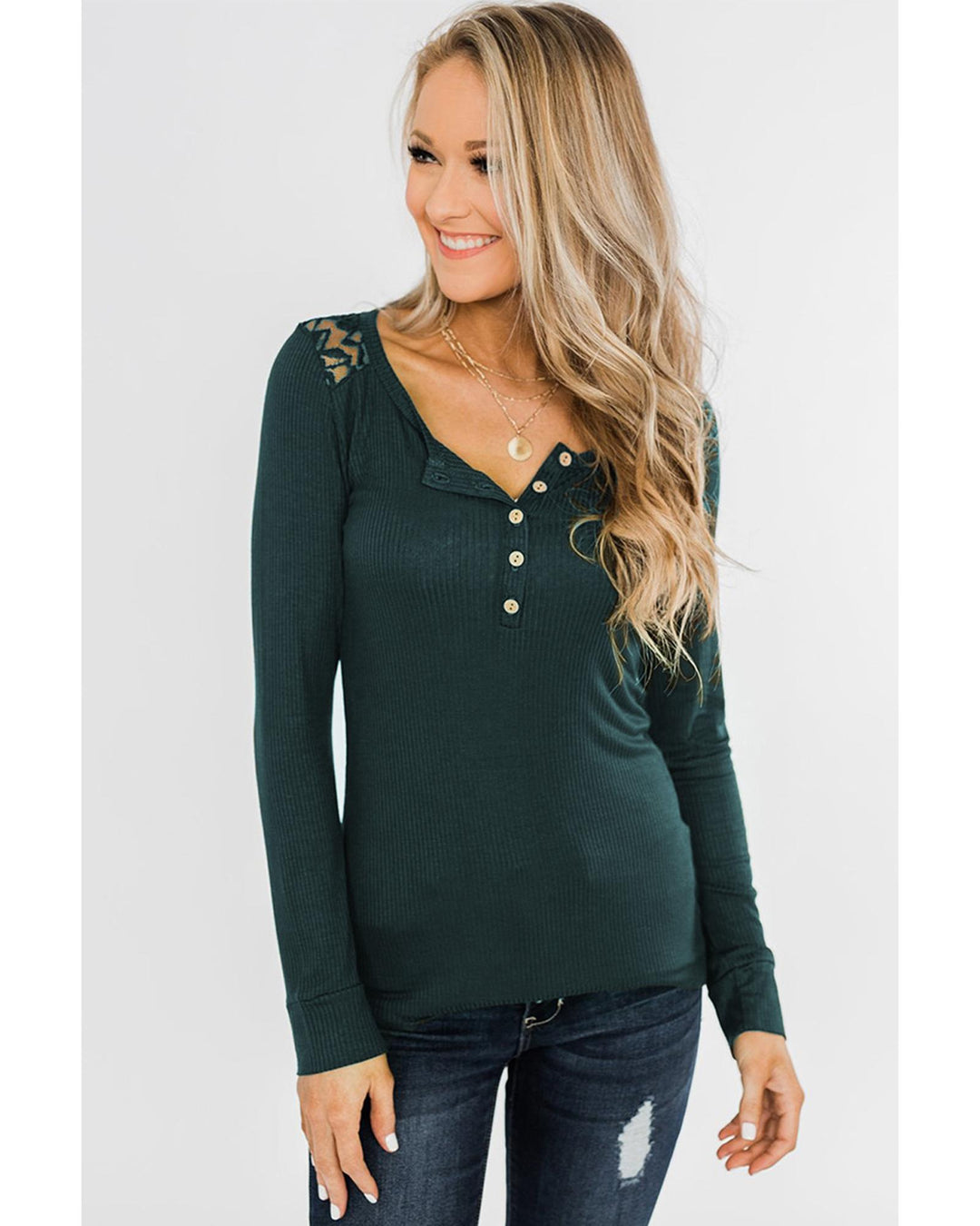 Azura Exchange Lace Back Buttoned Henley Top - M