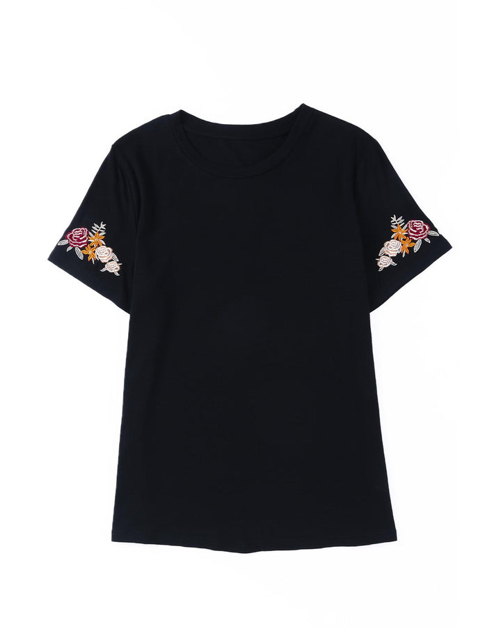 Azura Exchange Embroidered Short Sleeve T-Shirt with Floral Detail - L