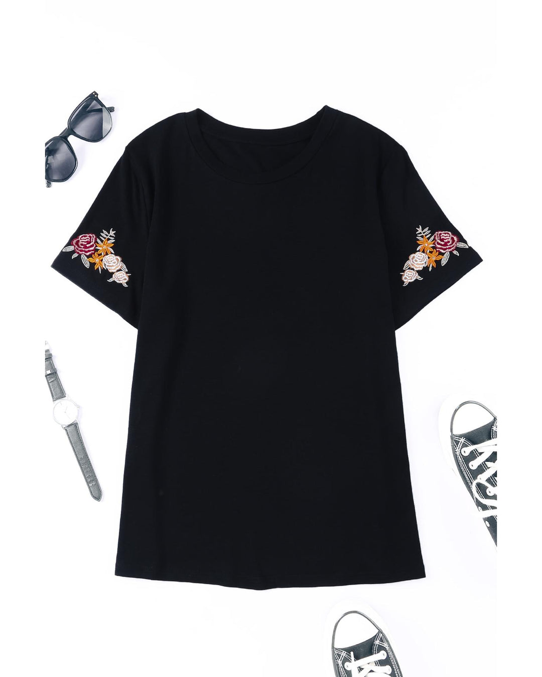 Azura Exchange Embroidered Short Sleeve T-Shirt with Floral Detail - S