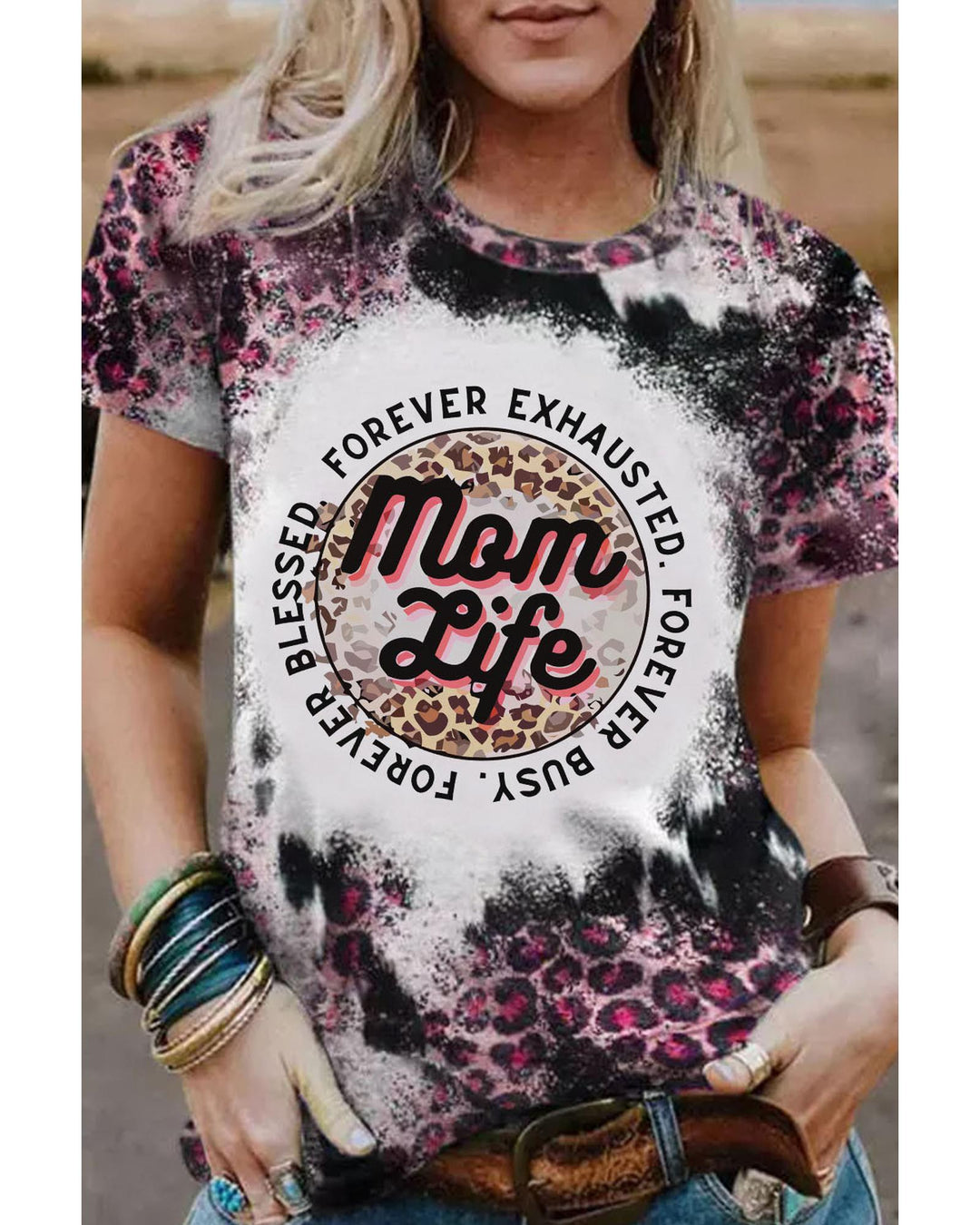 Azura Exchange Leopard Print Graphic Tee with Mom Life Slogan - M