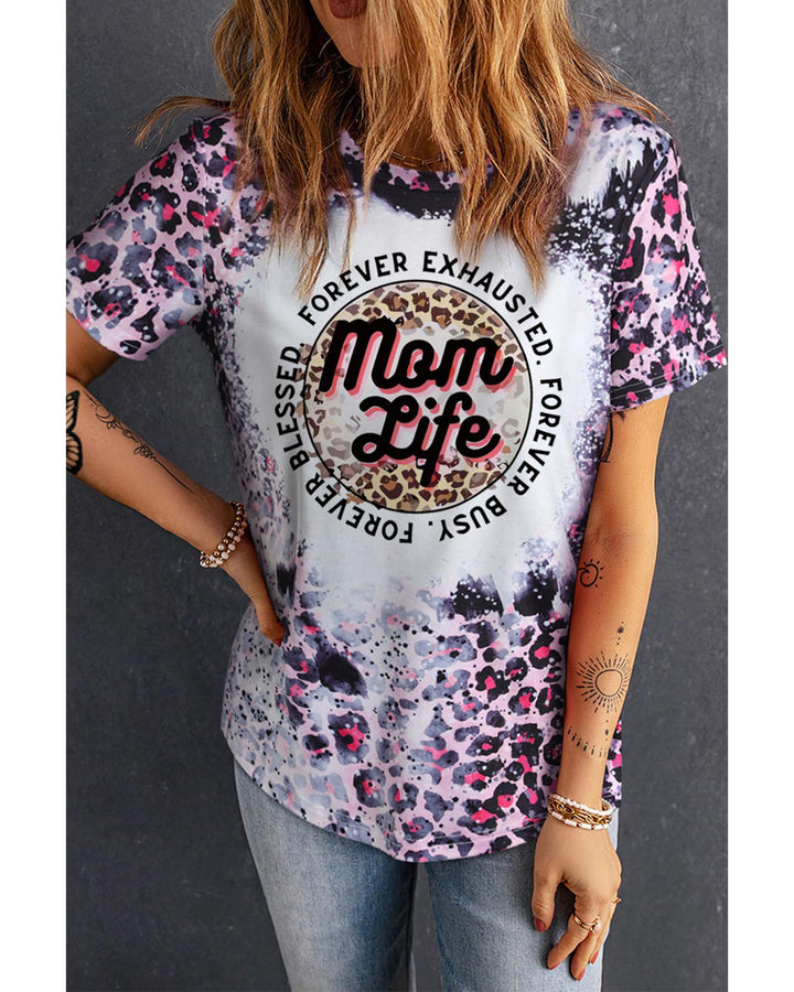 Azura Exchange Leopard Print Graphic Tee with Mom Life Slogan - M