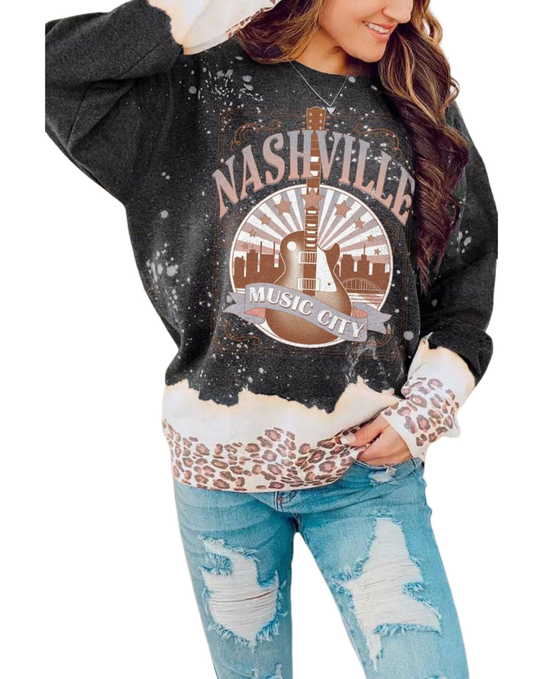 Azura Exchange Music City Guitar Leopard Color Block Sweatshirt - M