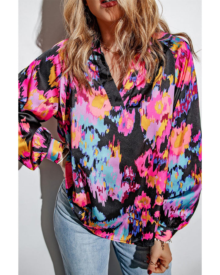 Azura Exchange Graffiti Print V-Neck Puff Sleeve Blouse - S