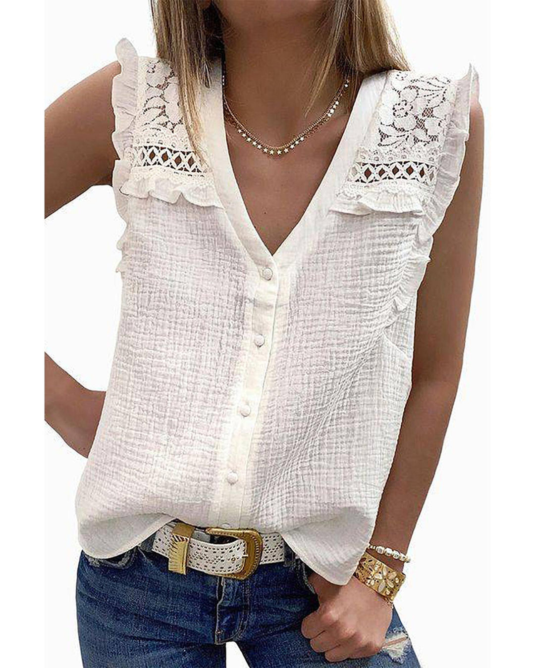 Azura Exchange Textured Sleeveless Shirt with Floral Lace Crochet - M