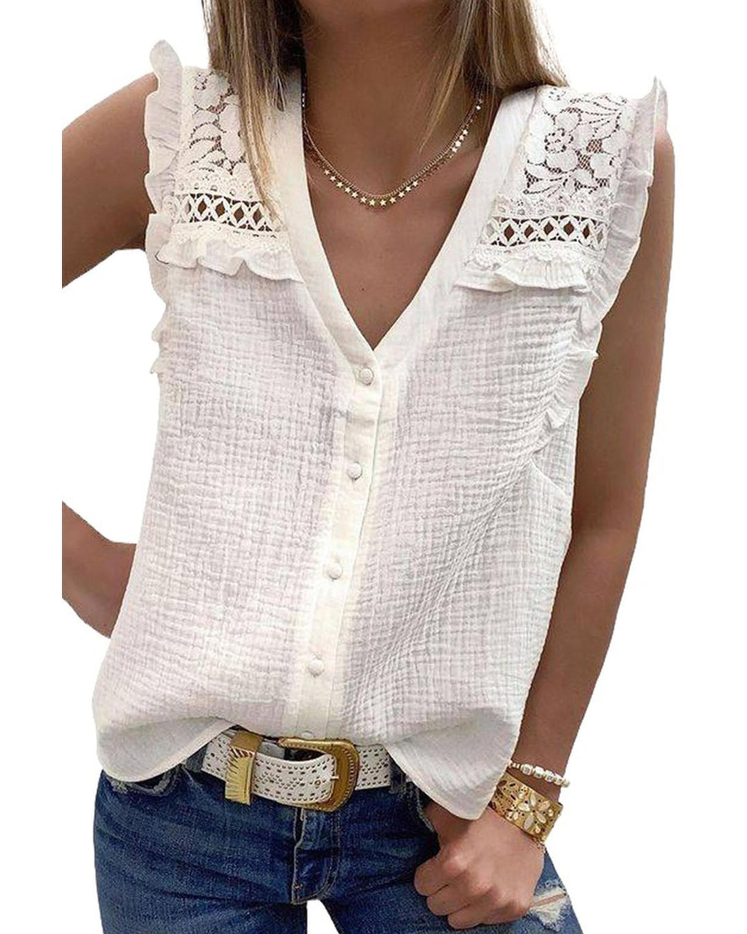 Azura Exchange Textured Sleeveless Shirt with Floral Lace Crochet - M