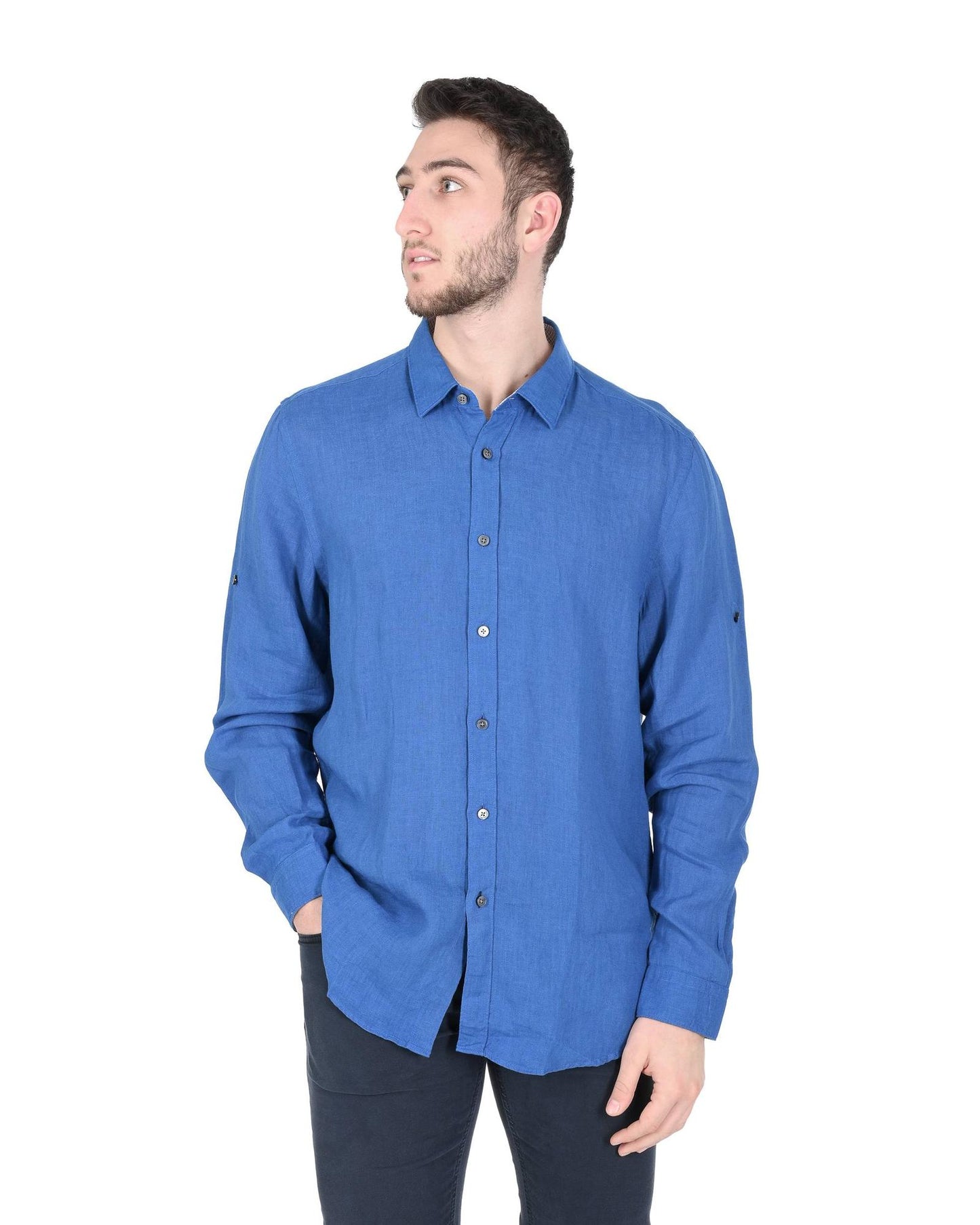 Hugo Boss Men's Linen Blue Shirt in Blue - S