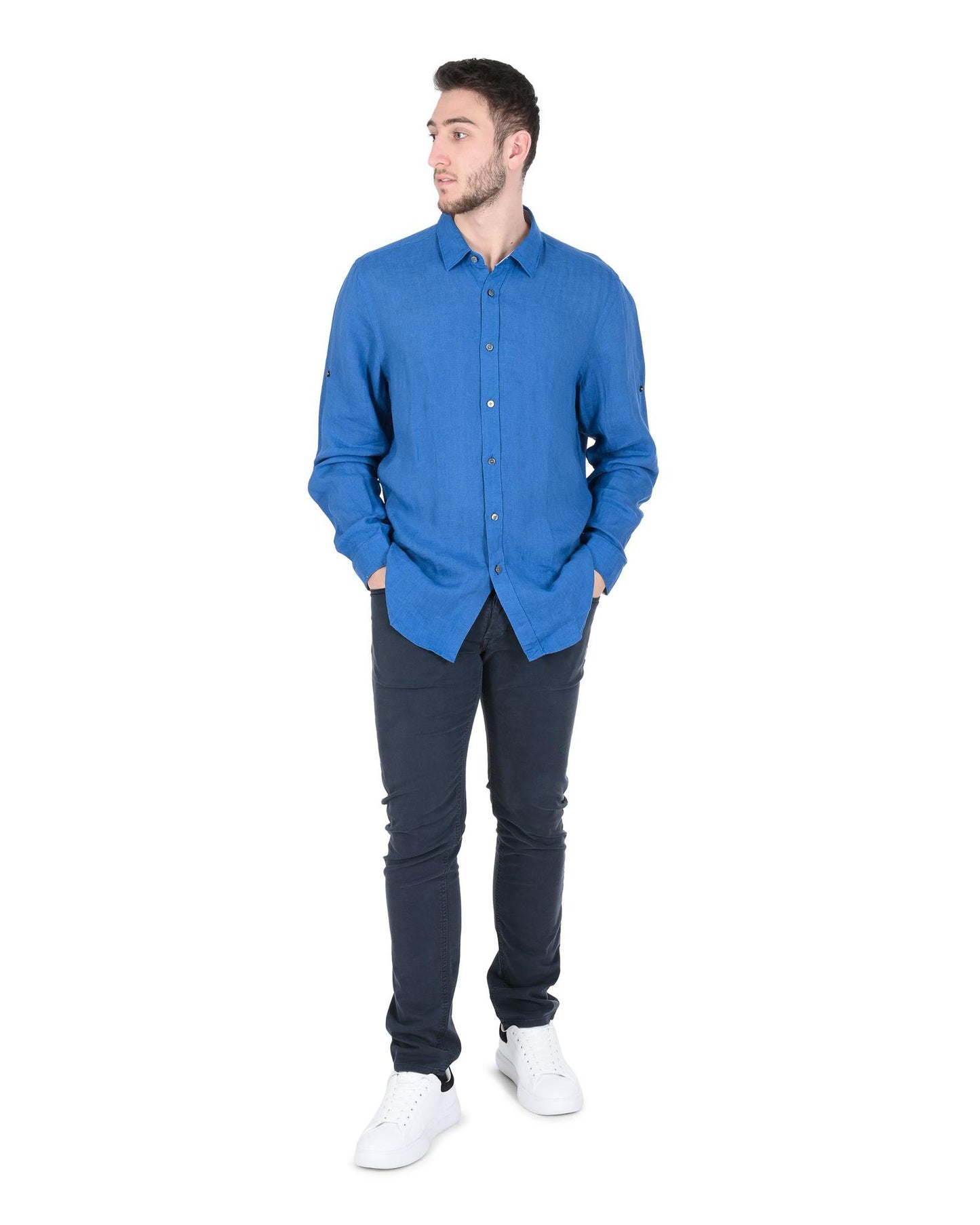 Hugo Boss Men's Linen Blue Shirt in Blue - S