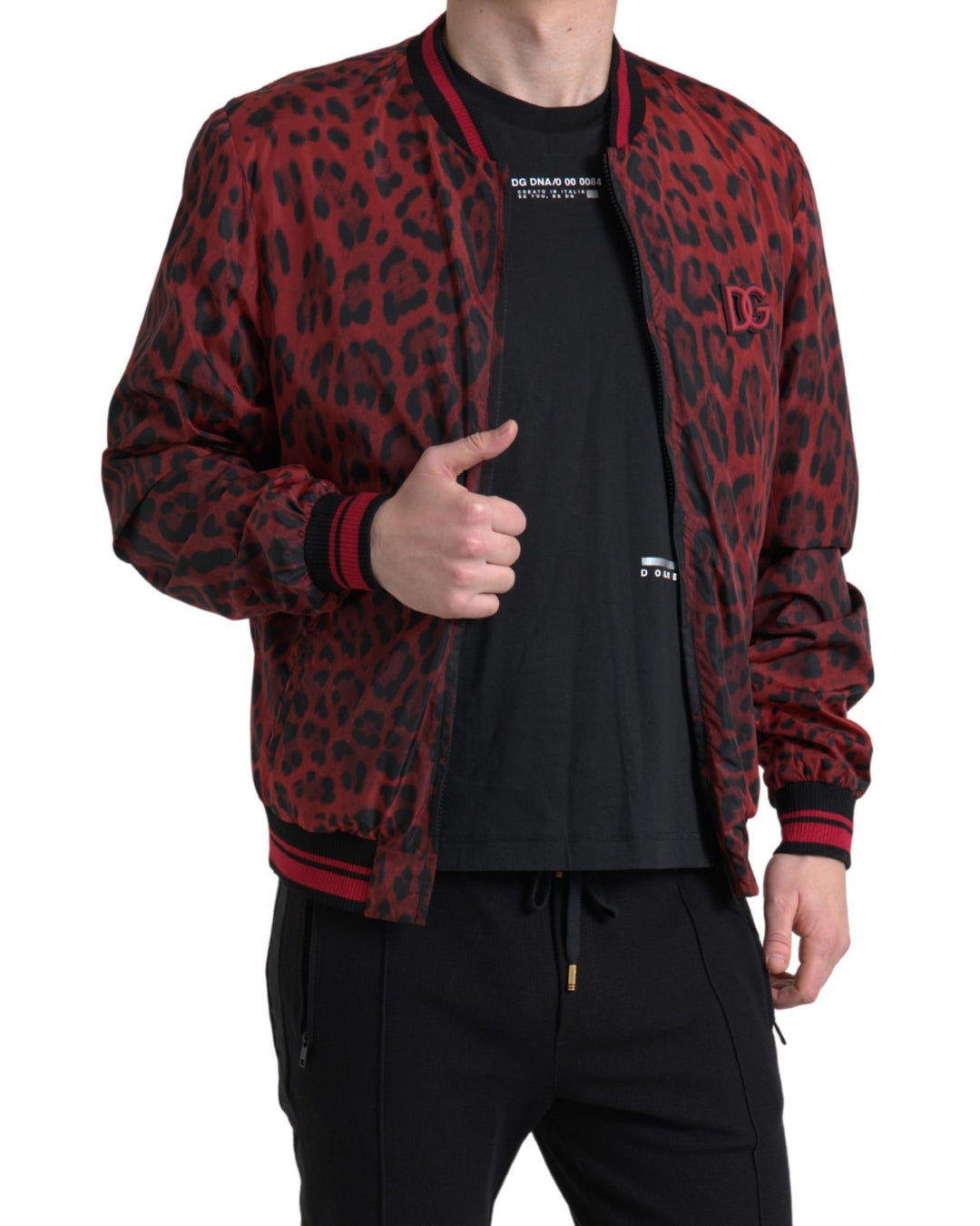 Dolce & Gabbana Men's Red Leopard Bomber Short Coat Jacket - 44 IT