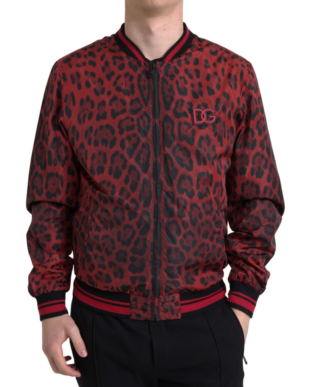 Dolce & Gabbana Men's Red Leopard Bomber Short Coat Jacket - 50 IT