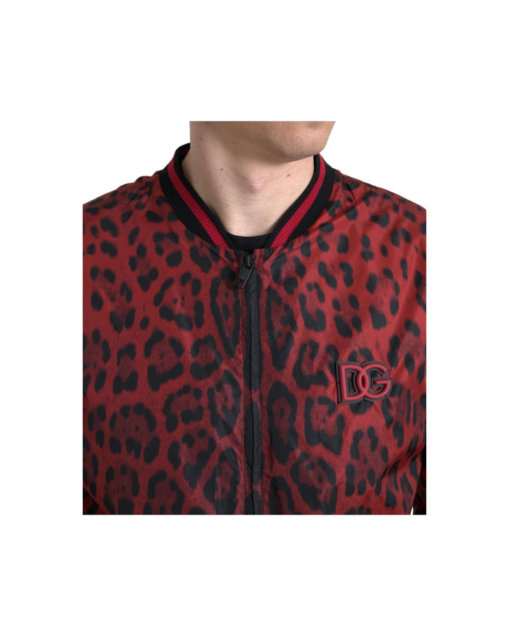 Dolce & Gabbana Men's Red Leopard Bomber Short Coat Jacket - 50 IT