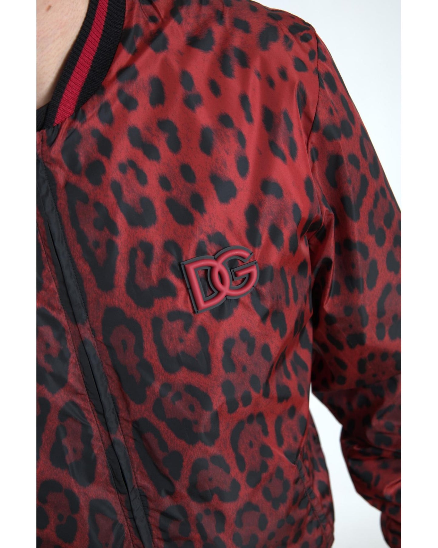 Dolce & Gabbana Men's Red Leopard Bomber Short Coat Jacket - 50 IT