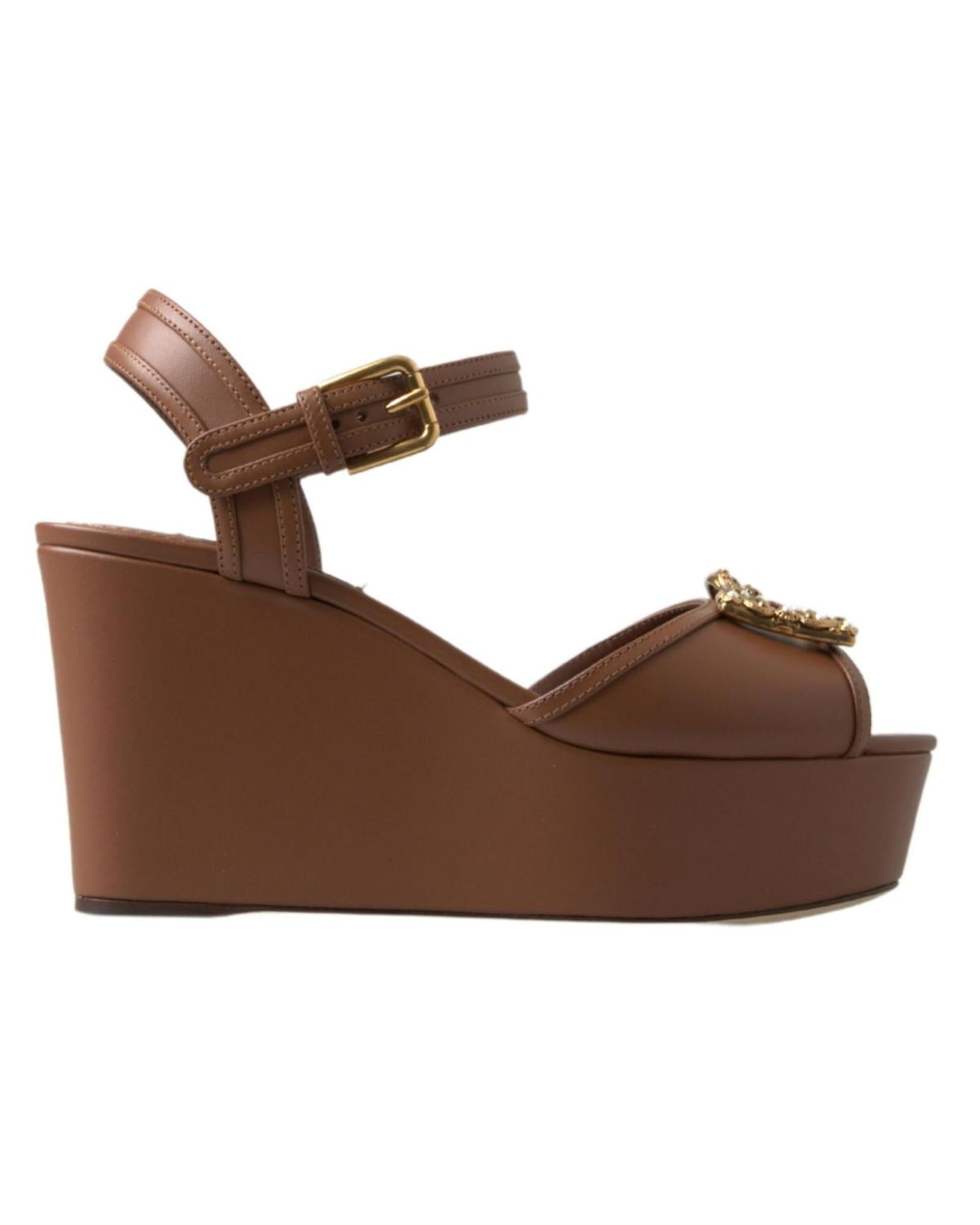 Dolce & Gabbana Women's Brown Leather AMORE Wedges Sandals Shoes - 37 EU