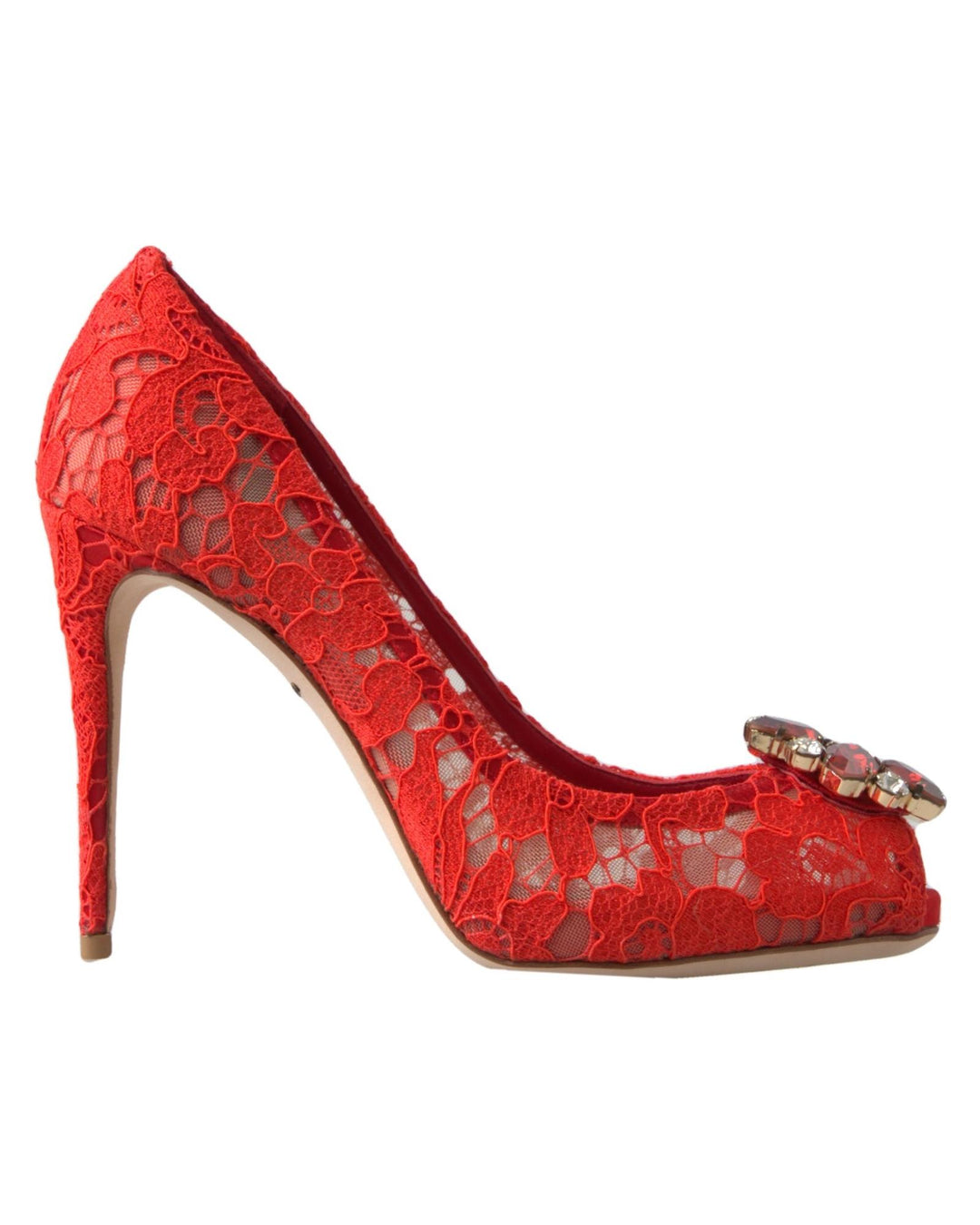 Dolce & Gabbana Women's Red Taormina Lace Crystal Heels Pumps Shoes - 37.5 EU