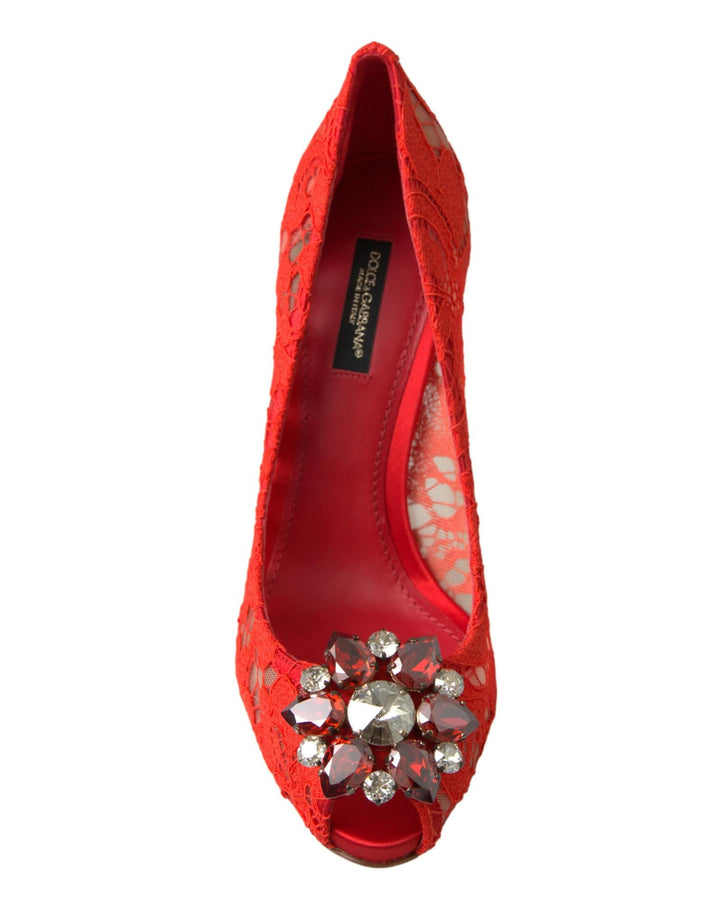 Dolce & Gabbana Women's Red Taormina Lace Crystal Heels Pumps Shoes - 37.5 EU