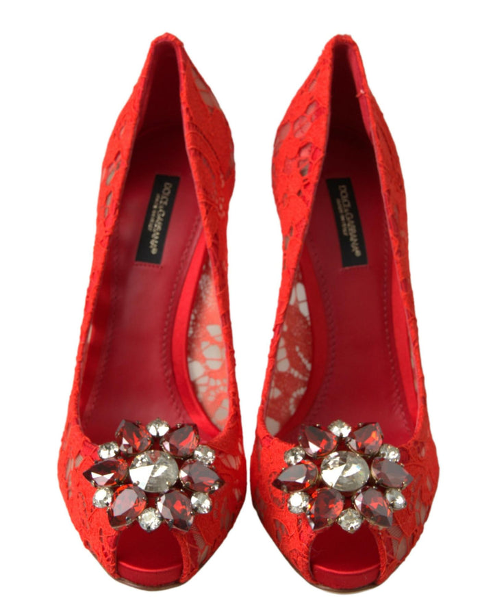 Dolce & Gabbana Women's Red Taormina Lace Crystal Heels Pumps Shoes - 37.5 EU