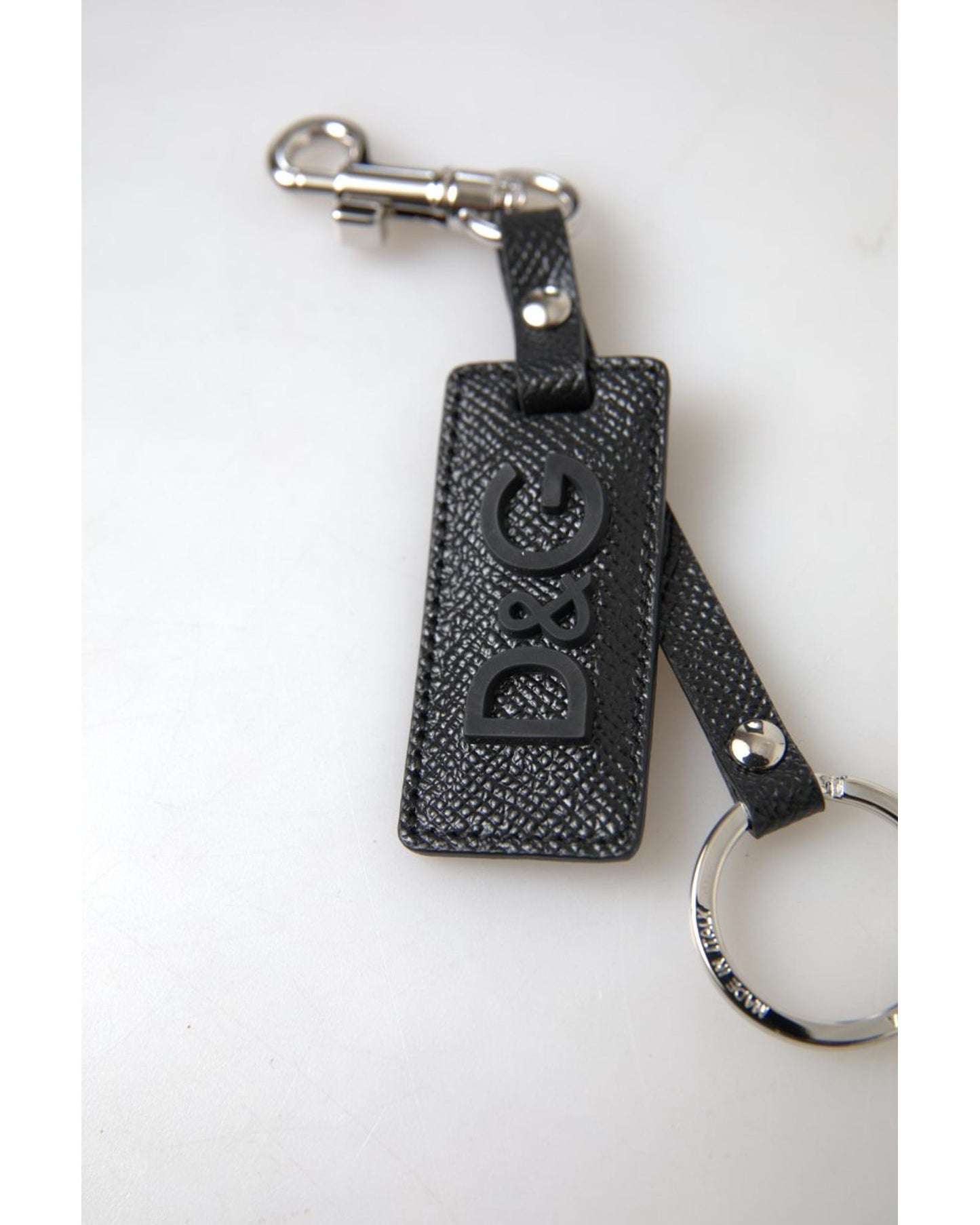 Dolce & Gabbana Men's Black DG Logo Leather Silver Metal Keychain - One Size