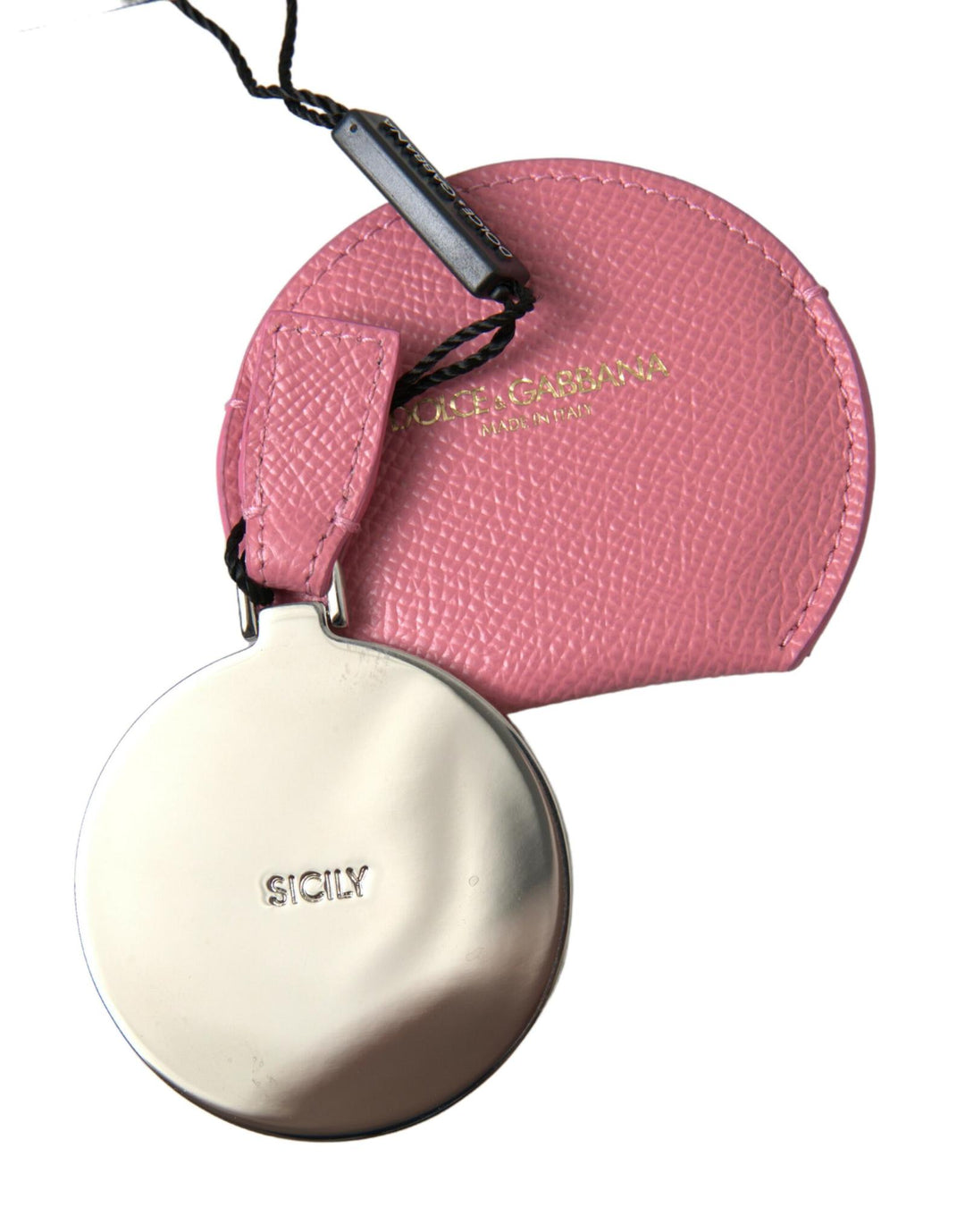 Dolce & Gabbana Women's Pink Calfskin Leather Round Logo Print Hand Mirror Holder - One Size