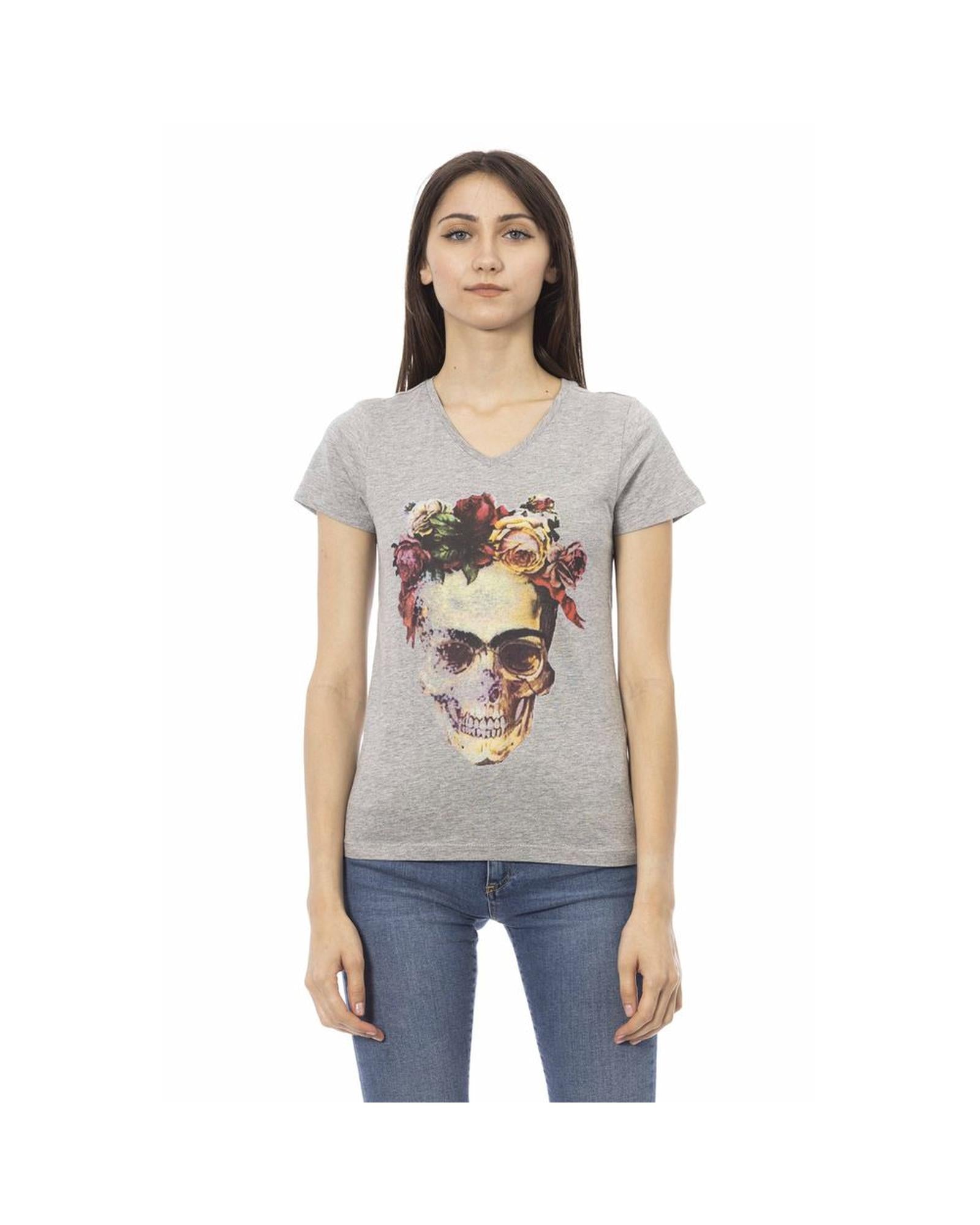 Trussardi Action Women's Elegant Gray V-Neck Tee with Front Print - S