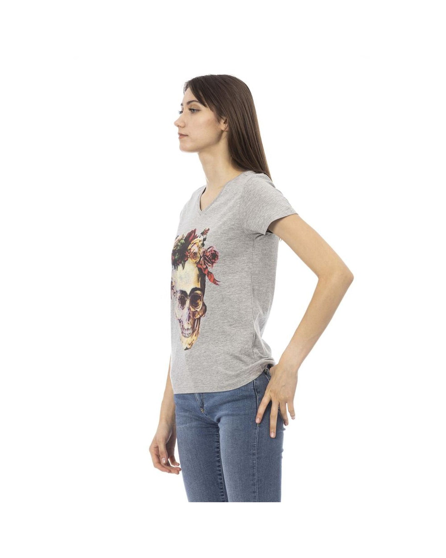 Trussardi Action Women's Elegant Gray V-Neck Tee with Front Print - XL