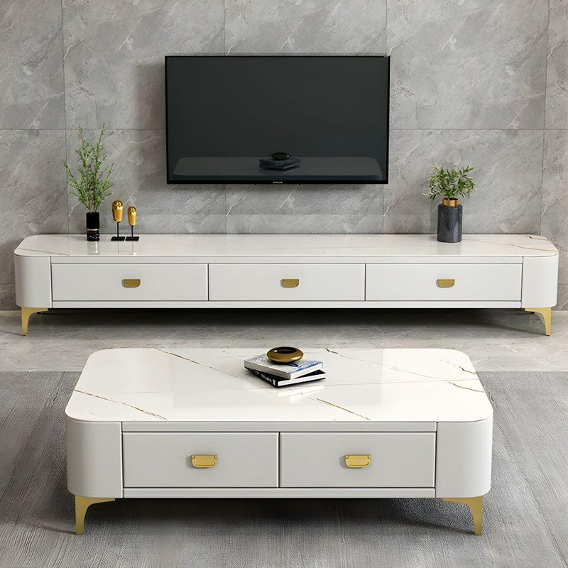 Chalk Sintered Stone TV Stand with Cabinet Storage Design for Drawing Room, 3 Drawers, 160cm