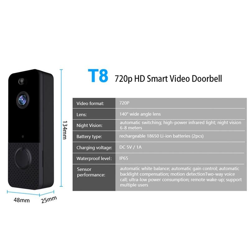 Wireless Wifi Video Doorbell With Night Vision And Ai Recognition - 720P - 2600 Mah