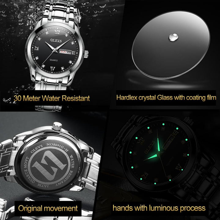 Waterproof Dual Calendar Quartz Watch For Men With Luminous Design - Black