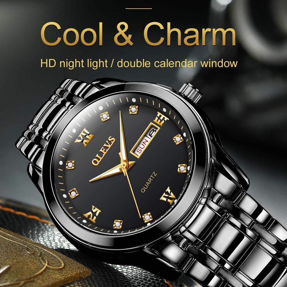 Waterproof Dual Calendar Quartz Watch For Men With Luminous Design - Black