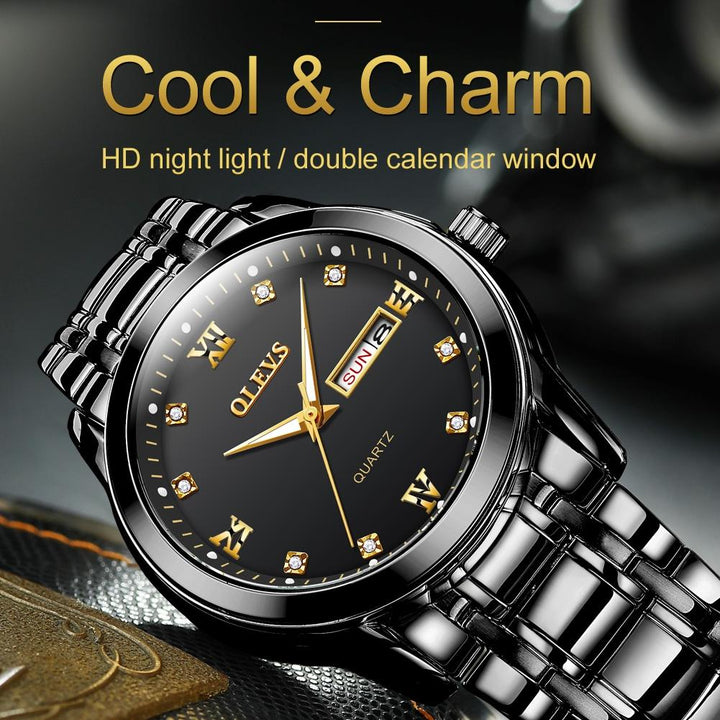 Waterproof Dual Calendar Quartz Watch For Men With Luminous Design - Black