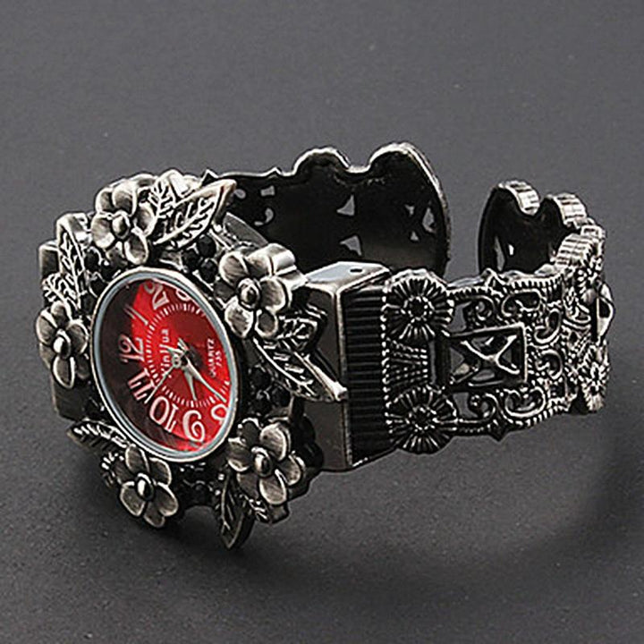 Flower Embossed Retro Bracelet Watch - Women Quartz - Red