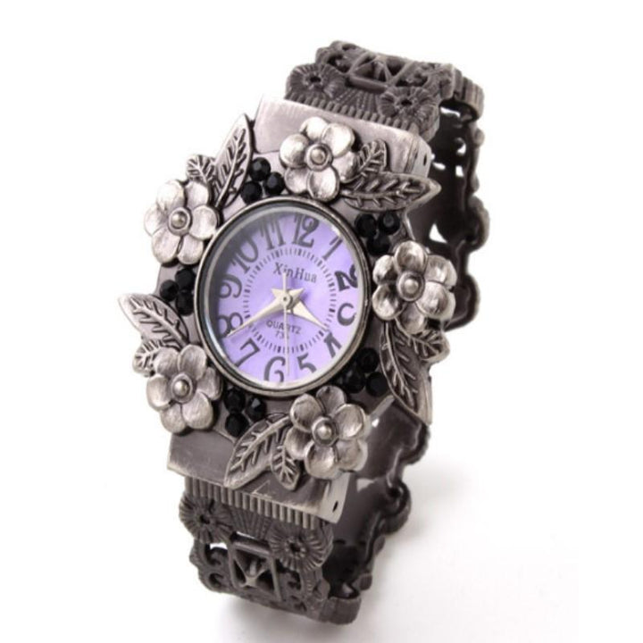 Flower Embossed Retro Bracelet Watch - Women Quartz - Red