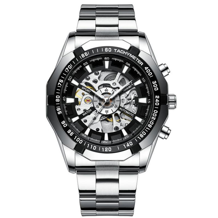 Stylish Men Automatic Mechanical Watch With Steel Band - Black