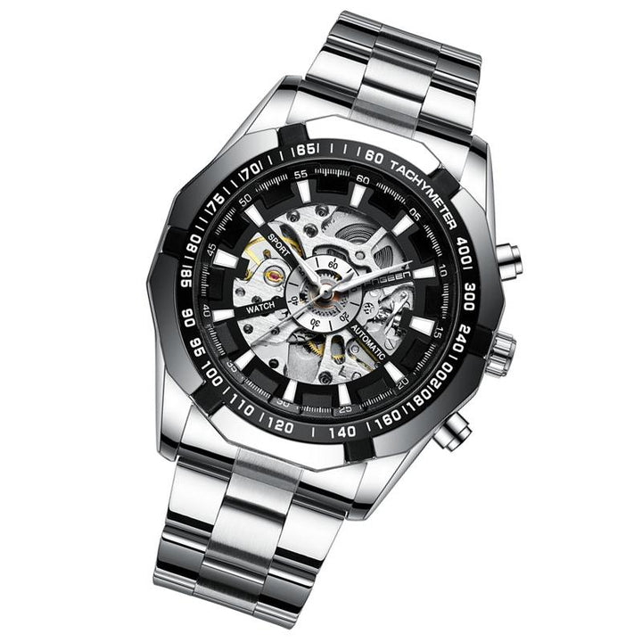 Stylish Men Automatic Mechanical Watch With Steel Band - Black