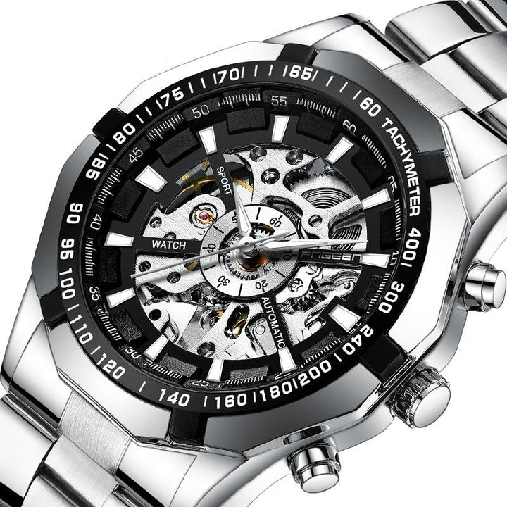 Stylish Men Automatic Mechanical Watch With Steel Band - Black