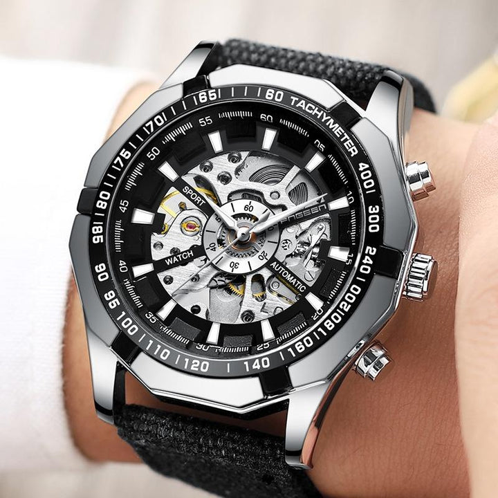 Stylish Men Automatic Mechanical Watch With Steel Band - Black