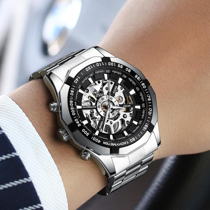 Stylish Men Automatic Mechanical Watch With Steel Band - Black