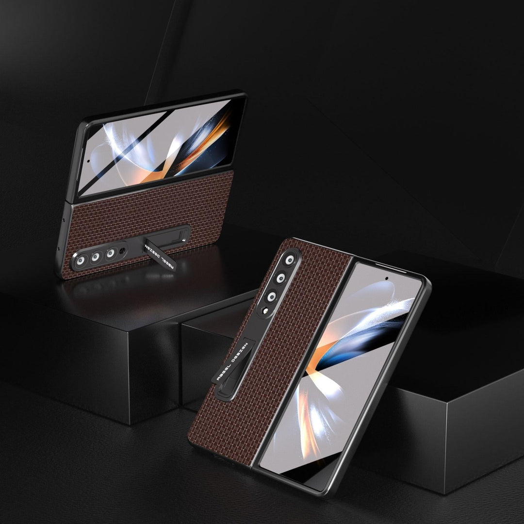 Premium Leather Phone Case With Holder For Samsung Galaxy Z Fold 4 / 5G - Luxury Design - Coffee