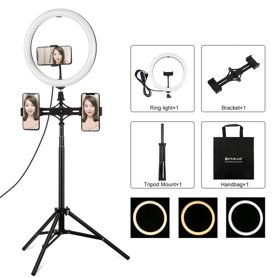 11.8 Led Ring Light Kit With Tripod & Dual Phone Bracket - 3 Modes Dual Colour Temperature Usb Live Broadcast - Black