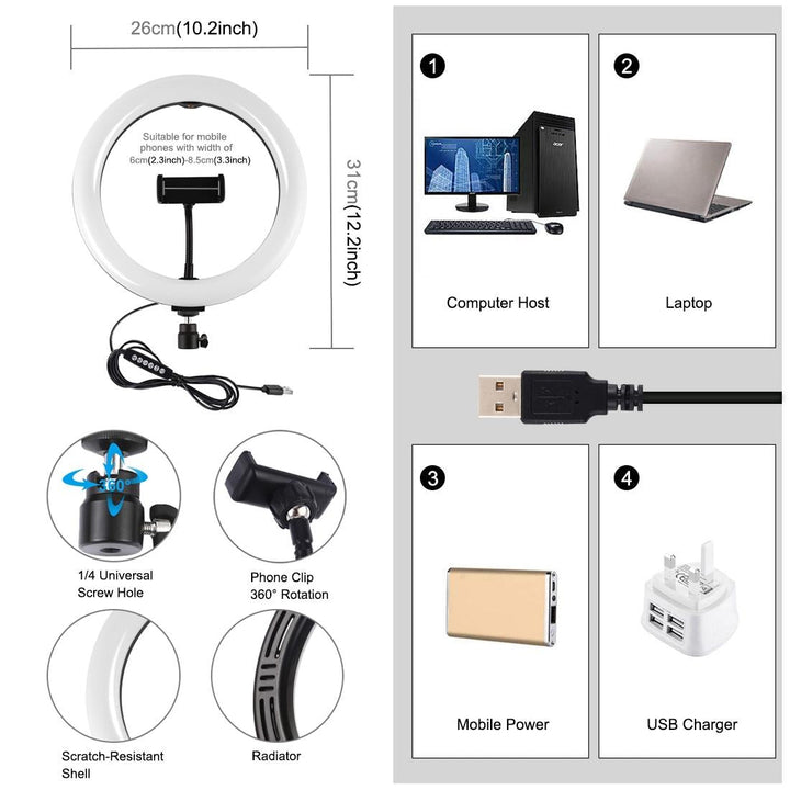 10.2 Usb Led Ring Light With 10 Modes Cold Shoe Tripod & Phone Clamp