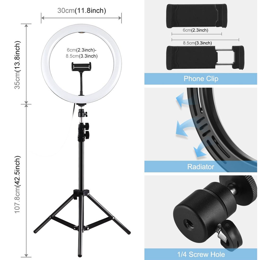 11.8 Led Ring Light With Tripod And Phone Clamp - 3 Modes Dual Colour Temperature Curved Surface - Black