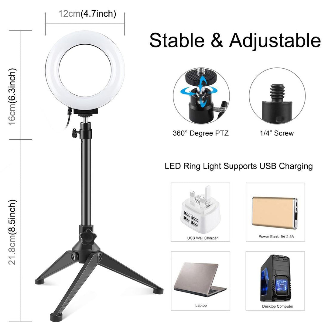 10 Mode Usb Led Ring Light With Tripod Mount And Cold Shoe Ball Head - 4.7 Inch Diameter