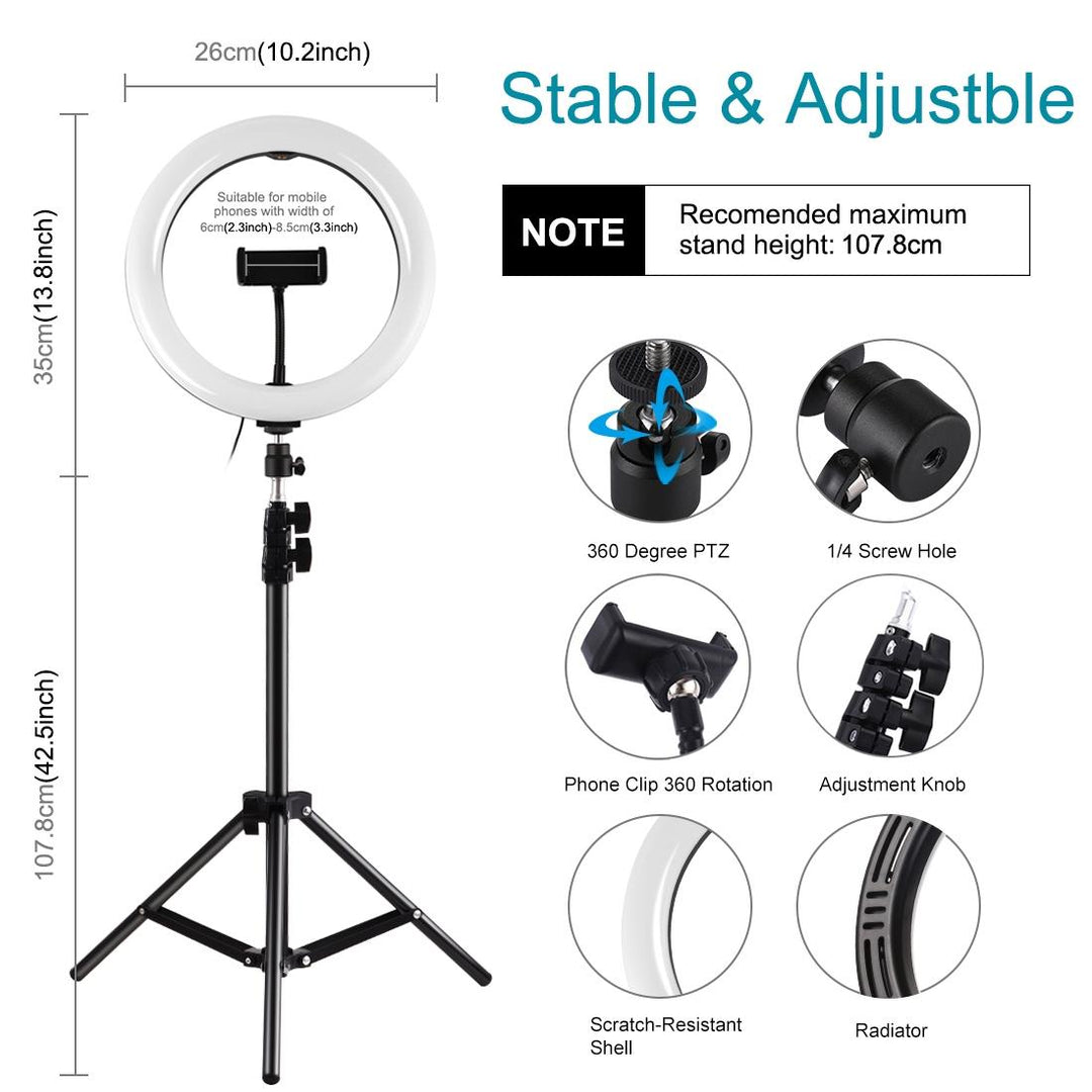 10.2 Ring Light With Tripod Usb 3 Modes Dual Colour Diffuse Light Phone Clamp Remote - Black