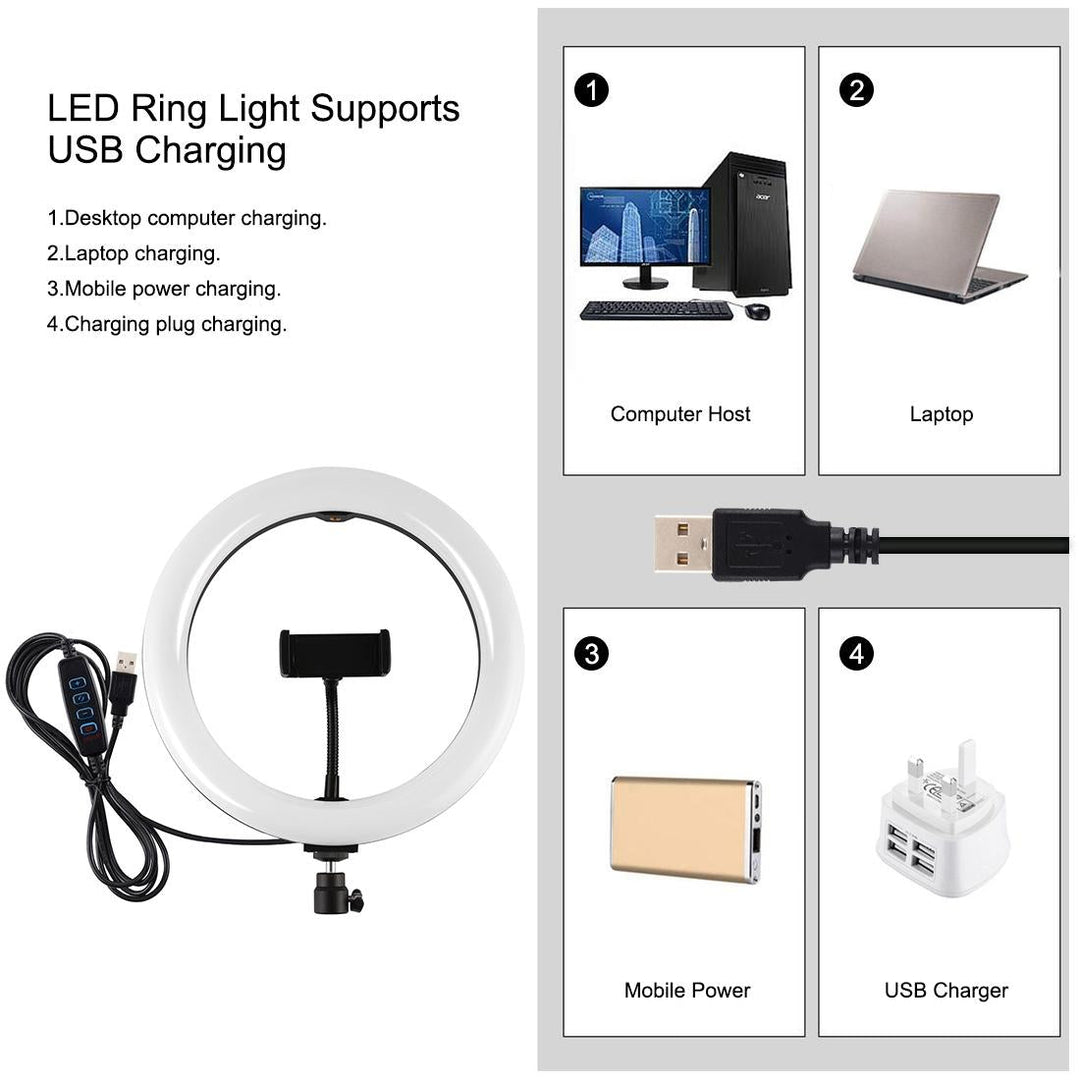 10.2 Ring Light With Tripod Usb 3 Modes Dual Colour Diffuse Light Phone Clamp Remote - Black