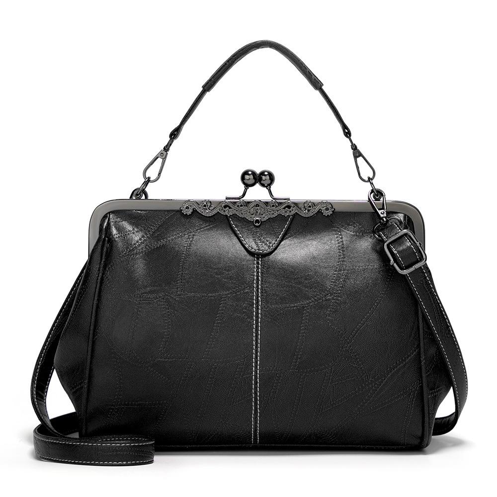 Adjustable Leather Crossbody Bag With Vintage Buckle - Black