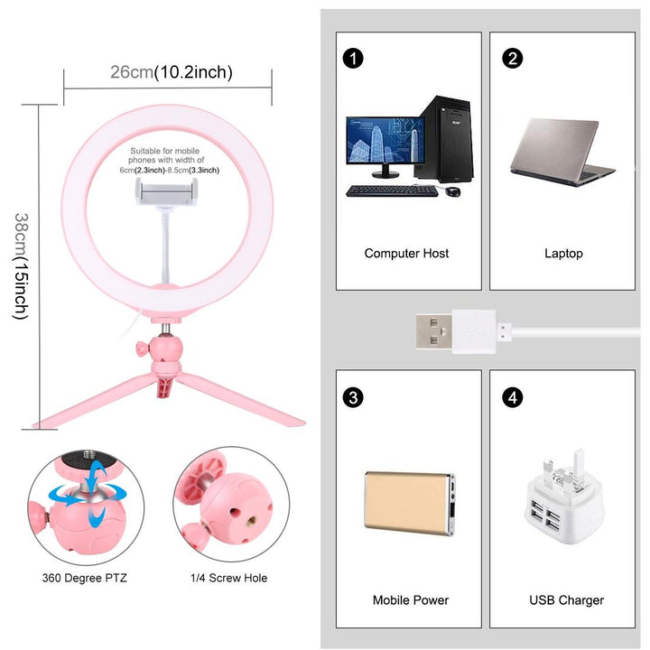 10.2 Selfie Beauty Light With Tripod Mount And Usb 3 Modes Dimmable Led Ring For Vlogging And Photography Cold Shoe Ball Head And Phone Clamp