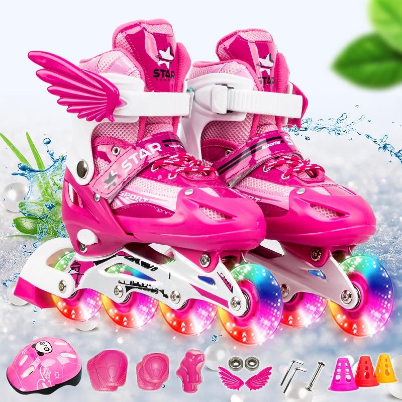 Adjustable Kids Roller Skates Set - Single Flash Wheels - Size S