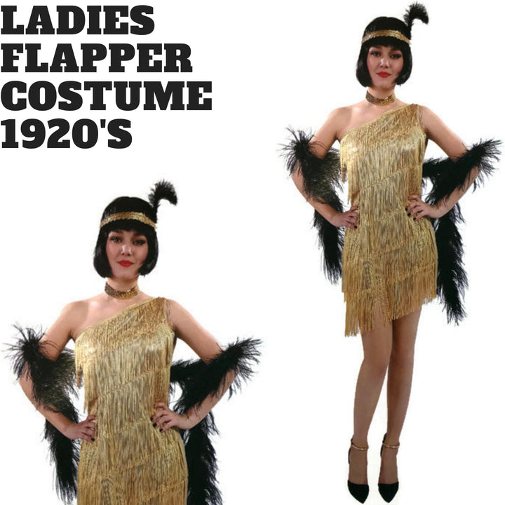 Ladies Flapper Costume Charleston Gatsby Chicago Fancy Dress Party 1920s 20s - Gold