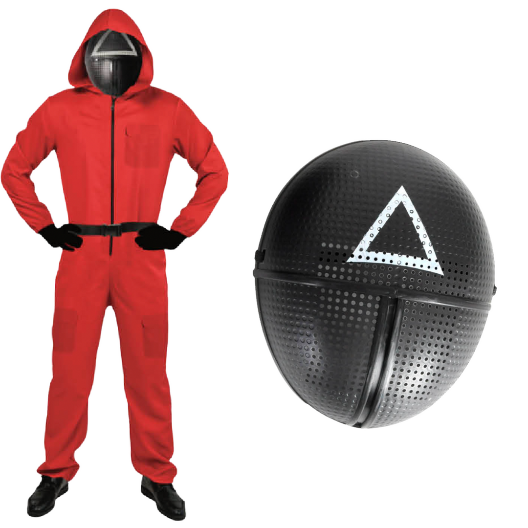 Adult Squid Game Guard Tracksuit Red Full Party Costume Set w/ Mask - Triangle Mask - L/XL