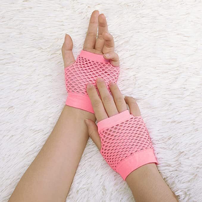 12 Pair Fishnet Gloves Fingerless Wrist Length 70s 80s Costume Party -Light Pink