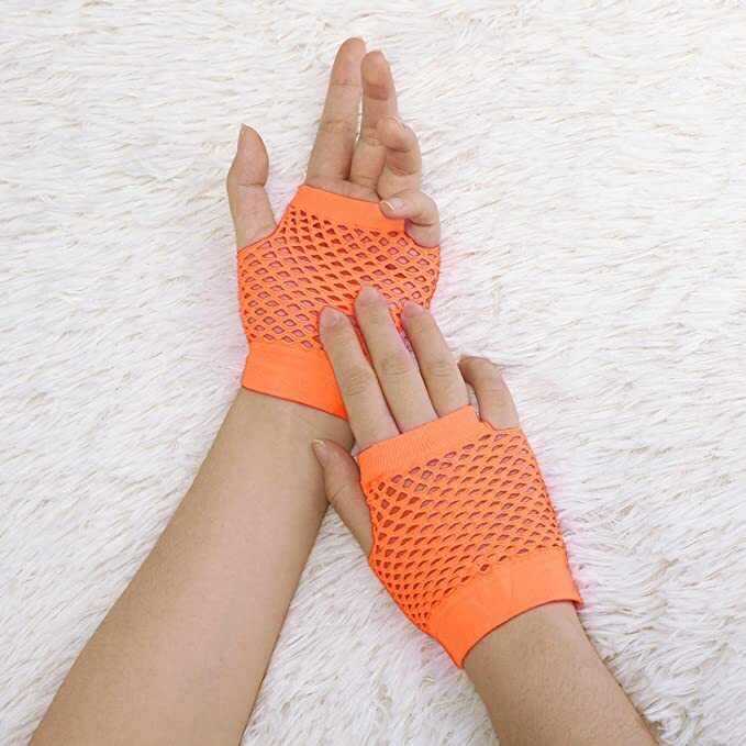 12 Pair Fishnet Gloves Fingerless Wrist Length 70s 80s Costume Party - Orange